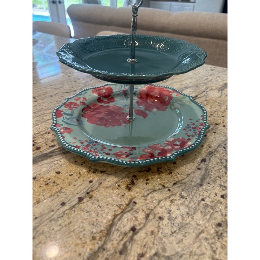 2-Tier Pioneer Women Embossed Ceramic Cake Stand with Metal Handle Round